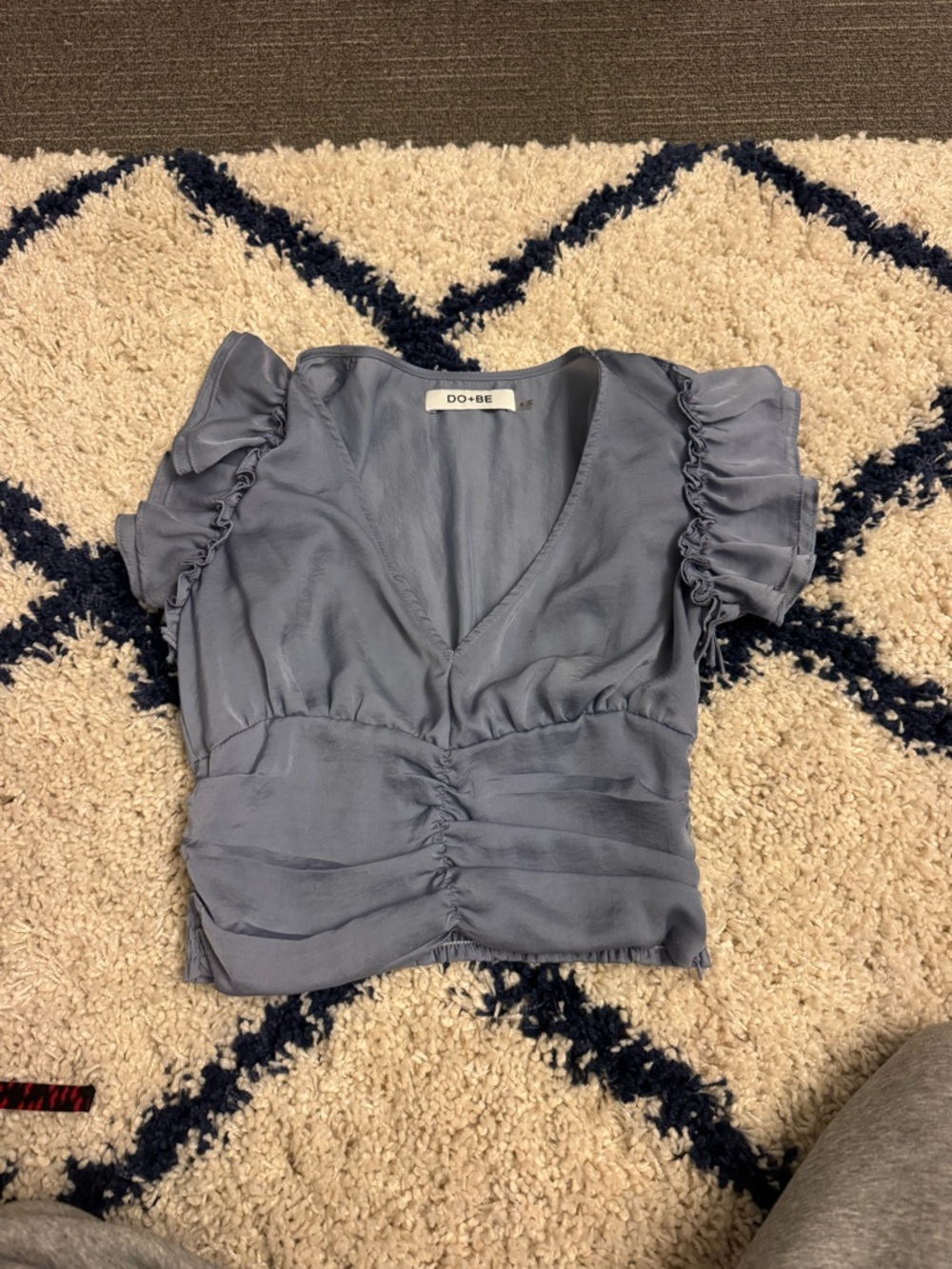 DO+BE Slate Blue Ruffle Sleeve V-Neck Crop Top